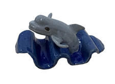 Signed Studio Art Pottery Dolphin Figurine Blue Wave Ceramic Sculpture picture