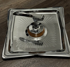 Vintage Mid Century Chrome Nutcracker on Square Etched Sunburst Serving Tray picture