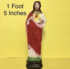 Vintage 1960 Sacred Heart Hand Painted Jesus Statue One Foot & 5 Inches Tall picture