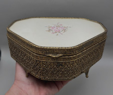 VTG Vanity Filigree Octagonal Trinket Jewelry Box Hand-Painted Floral Glass Lid picture