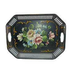 Vintage Hand Painted Large Toleware Floral Metal Tray Octagon Black Cut-out Rim picture