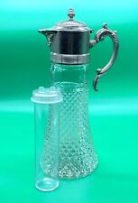 Vtg 14”  Diamond Cut Glass Pitcher/Decanter with Silver-Plated & Ice Insert picture