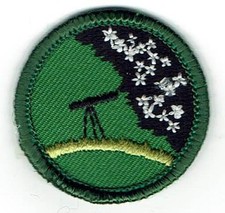 JUNIOR Girl Scout Patch Badge Green Round-SKY SEARCH Telescope Star Gazing night picture