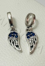 Pair of 2 Sparkling Splitable Angel wings Pandora Charm Blue Always Be There NEW picture