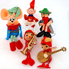 5 Vintage MCM Lot Ornaments Knee Huggers Shelf Sitter Mouse Elf felt flocked 60s picture