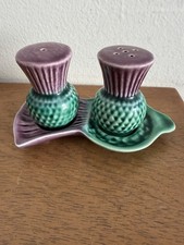 Vtg Scottish Thistle Campsie Ware Ceramic Salt & Pepper Shakers & Tray Purple picture