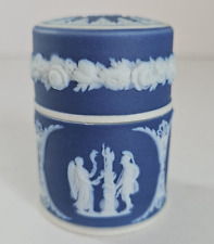 Antique Wedgwood Dark Blue Jasperware Cylinder Match Box & Lid, Stricker England picture