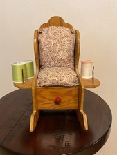 Vintage Wooden Rocking Chair Pin Cushion Scissor Thread Spool Holder w/ Drawer picture