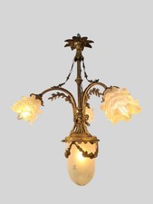 Antique French Style Brass, Bronze Chandelier with Floral Frosted Glass Shades picture