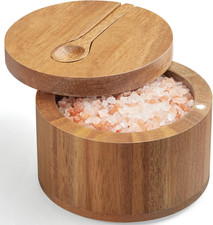 Salt Box Bowl with Lid and Spoon - Acacia Salt Cellar with 360° Swivel Lid - Sal picture