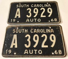 Vintage 1968 South Carolina License Plate Pair A 3929 picture