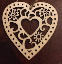 Wood Heart Ornament with Flowers. Laser-cut Design. Natural, $20=Free Shipping picture