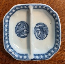 Antique Chinese BLUE & WHITE Divided Export Porcelain Sauce Dish CRANE Heron picture