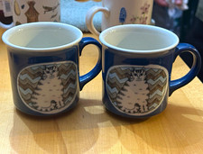 Vintage Otagiri Japan Cat Coffee Mugs Blue White Chevron Fluffy Cat Set of 2 picture