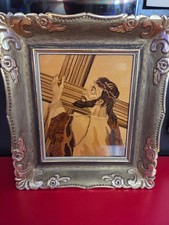 Vintage 1977 Czech Religious Wood Marquetry Art Jesus Carrying Cross Signed Fram picture