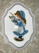 Vintage 1970s Pictorial Plaque Girl Bonnet Simple Bouquet Gingham picture