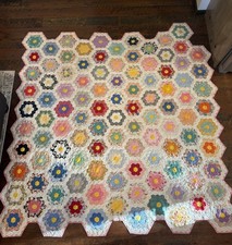 VTG Quilt Grandmother's Flower Garden Hexagon Mosaic Hand Stitch 77”x74” picture