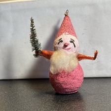 Vintage Christmas Spun Cotton Mica Pink Santa Elf Ornament Putz Japan 3-1/4” picture
