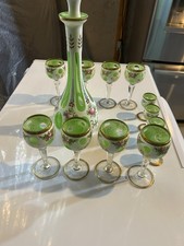 Hand Painted Green & White Vintage Glass Wine Decanter and 12 Matching Glasses picture