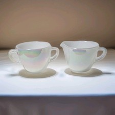 Vtg Federal Glass Moonglow White Pearl Iridescent Milk Glass Creamer & Sugar Set picture