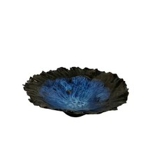 Art Pottery Signed Blue Black Bowl Textured Edge Vintage 7 Inch Diameter picture