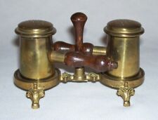 Vintage Brass SALT & PEPPER SHAKER POTS w/Plastic Liners, Wood Handles, Holder picture