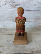 Vintage Erzgebirge Hand Carved Wood Girl With Flower Basket Shabby picture