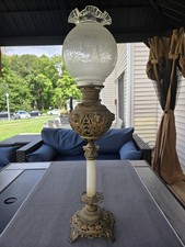 Antique M&W No. 94 Oil Lamp Ornate Figural Metal Base Etched Glass Shade 32.5” picture