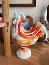 Rare Vintage MCM Rooster Hen on Nest Milk Glass Orange Red Swirl - AS IS picture