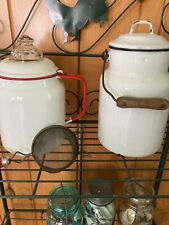 Lot Black And White Enamel Milk Pail And Red And White Coffee Pot, Strainer  picture