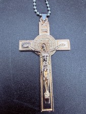 Large Lined Beveled Gold St Benedict Crucifix Cross Necklace picture