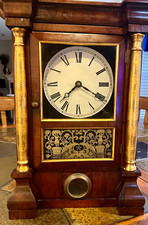 Wood and Brass Mantel Clock  American Empire Style Columns 19th Century. picture