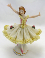 Vintage Dresden Porcelain Lace Ballerina Germany White with Yellow Trim Roses picture