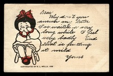 1906 R.L. Wells Vintage Cartoon Postcard Sad Girl with Red Bow Postmarked 1908 picture