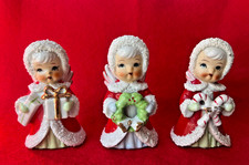 Vtg Set of 3 Enesco Spaghetti Trim Xmas Angels W/ Candy Canes, Presents & Wreath picture