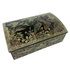 Vtg Korea Mother of Pearl Lacquer Trinket Jewelry Box Cranes Iridescent Mosaic picture