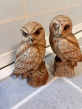 Vintage 1970s Faux Wood Owl Statues CoCa / Anri Style Plaster 5” Chalkware Pair picture