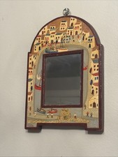 Vintage Greek Hand-Painted Wooden Folk Art Mirror Paros Naoussa Aegean Harbor picture