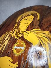Sacred Heart of Mary inlaid Wood Wall Plaque rare folk art Vintage collectible picture