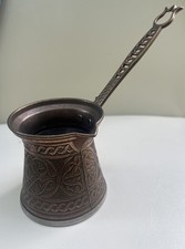 Vintage Engraved Copper Turkish Coffee Pot Cezve Ibrik Long Handle By Aytek picture
