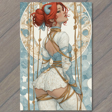 POSTCARD Red Girl Tied Rope White Lace Lingerie Blue Background Heels Horns picture