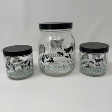3 PC Vintage Holstein Cow Clear Jars With Lids Pantry Storage Kitchen Decor  picture