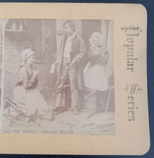 THE MIGHTY DOLLAR RULES Poor Woman Begging Popular Series Photo Stereoview Card picture