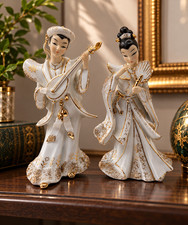 Vintage Geo. Z. Lefton Asian Couple Figurines Man Woman Gold Accents Set of 2 picture