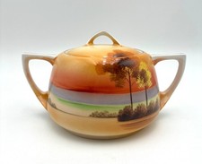 VTG Meito China Lidded Sugar Bowl Hand Painted Japan Sunset Landscape Trees  picture