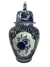 Large Royal Sphinx Maastricht Delft Blue Floral Foo Dog Covered Jar  Holland picture