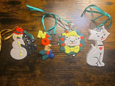 Vintage 1970s Lot of 4 Christmas Ornaments Hand Painted Kitsch Cat Snowman Noel picture