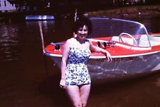 Vintage 1963 Pretty Woman Swimsuit Fashion Boat Lake 1960s 35mm Slide picture