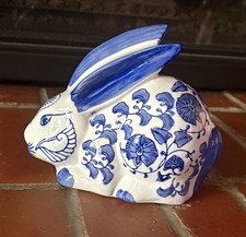 Vintage Blue & White Porcelain Chinoiserie Bunny Rabbit Figurine Floral picture