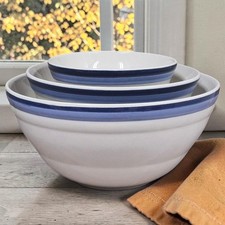 Pfaltzgraff Denim Vintage Mixing Bowl Set Blue Banded Stoneware Serving Bowls picture